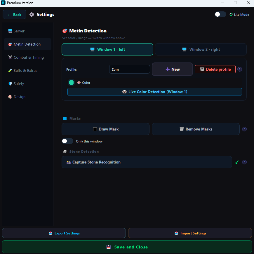 Metin detection in BeaTzVision with profile, colour detection and masks